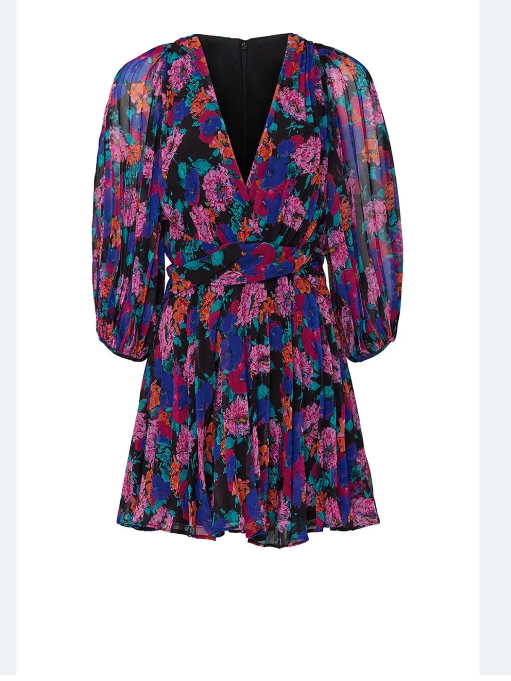 Floral V-Neck Puff Sleeve Mini Dress - Black Multi - Large Women’s